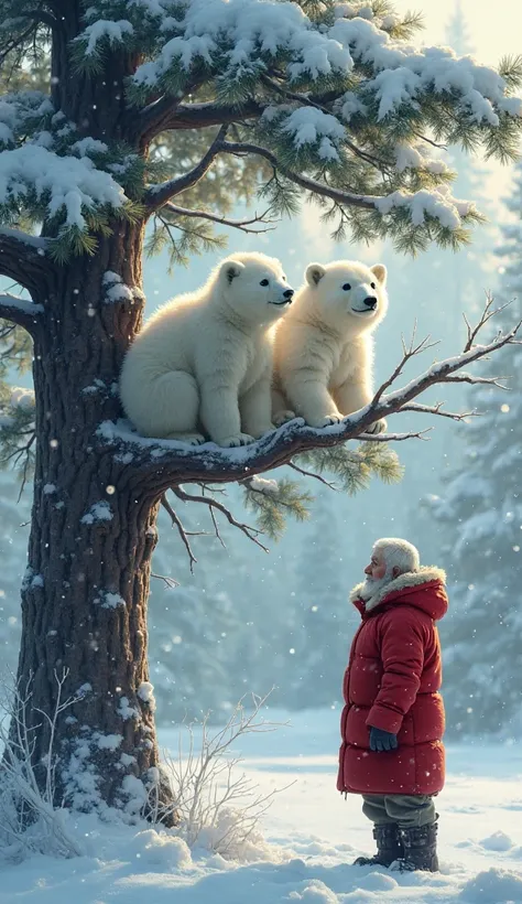 Two white polar bear cubs hanging in net snow-covered branches of a tall pine tree An elderly man in a thick red parka , cubs vi...