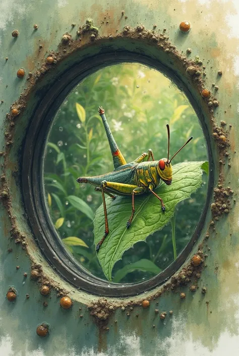 A photographer is focusing his digital camera towards a grasshopper perching on a leaf.

 draw the panorama through the digital ...