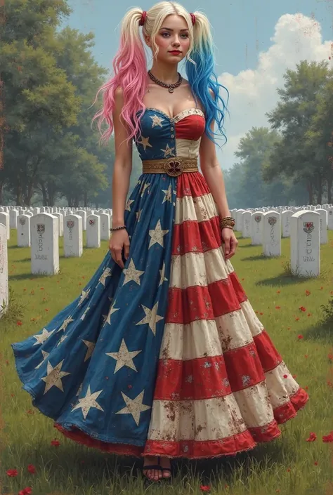 Acrylic and chalk highly detailed digital painting of Harley Quinn standing in a veterans cemetery, wearing a flowing, vintage-i...