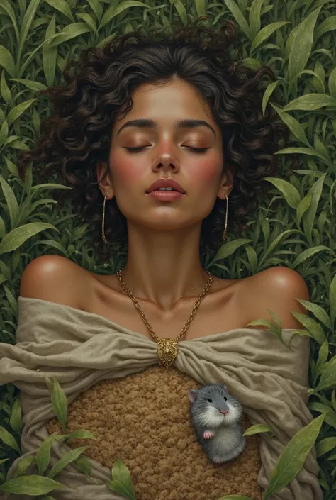 A brown woman lying in a grass and under the ground is her hamster buried 