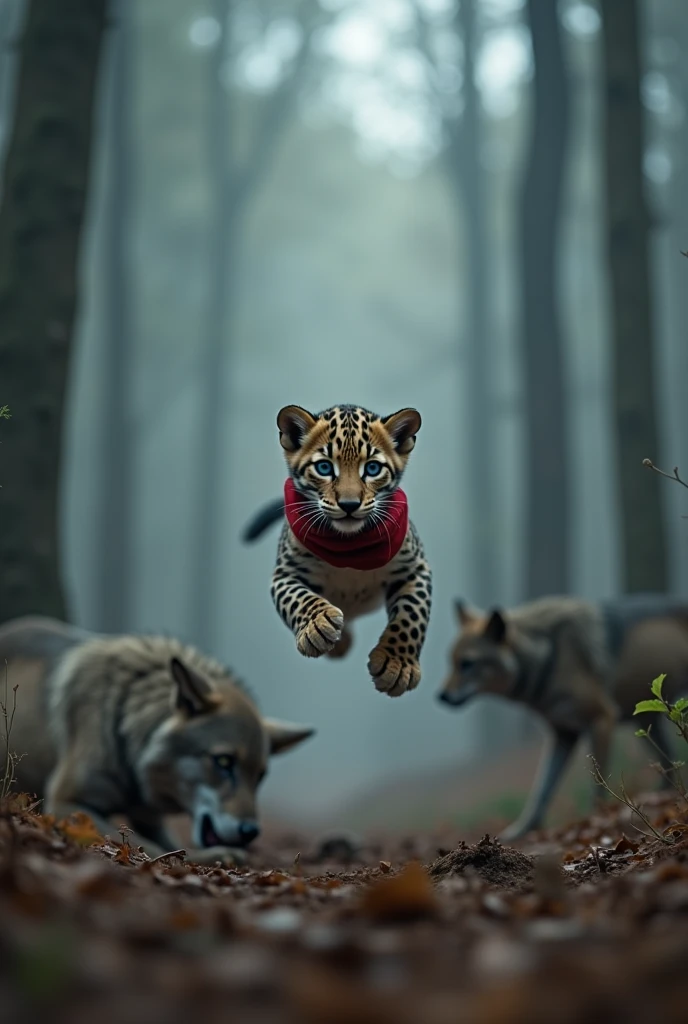 A brave baby leopard cub with blue eyes and red scarf is mid-air, leaping forward toward a large grey wolf. The cub is slightly ...