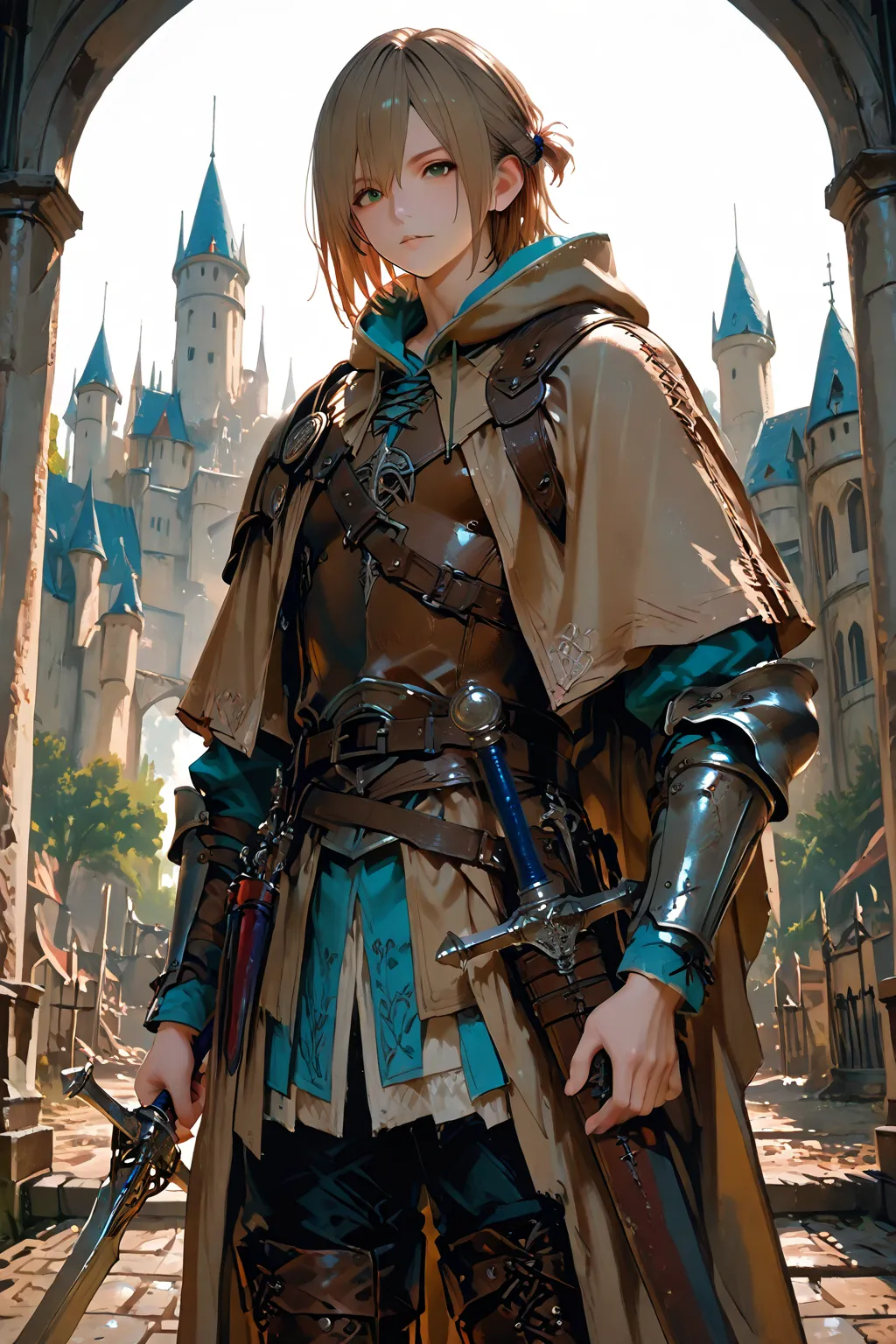 masterpiece, 8k, fantasy world, (male character:1.5), (middle age male body:1.5), 1man, high detailed, leather breast armor, bro...