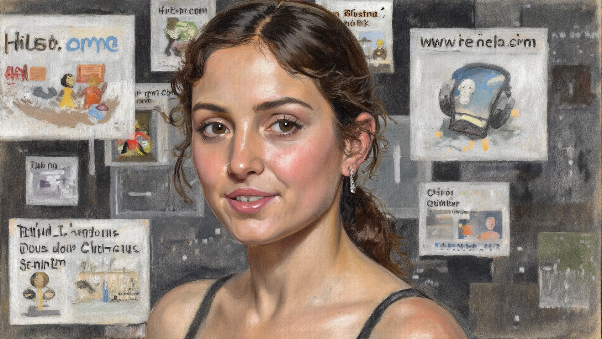 charcoal and pastel drawing, Background: website banners and helpline phone overlay, Character: — photo style “metadata”: realis...