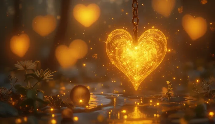 A glowing golden heart with a chain attached to it. 