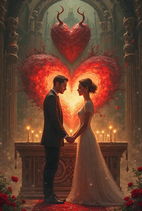 Create an image of two hearts marrying each other on an altar and in the background a heart with horns weeping