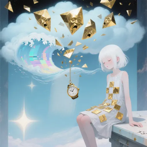 A surreal dream image with a white-haired girl sitting on the right edge of a celestial platform., Her eyes closed with a calm t...