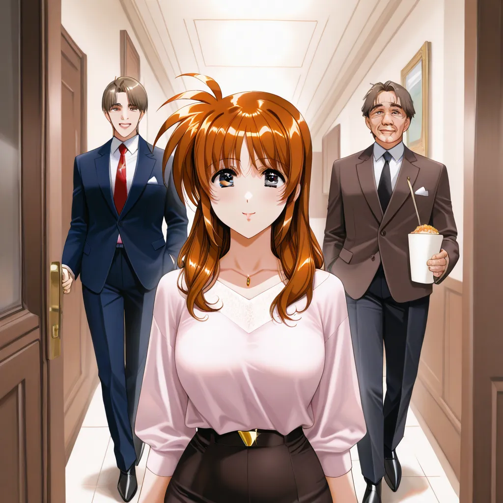 ((top quality)), ((masterpiece)), (details), （perfect face）、Takamachi Nanoha, a beautiful mature woman with long brown hair, exc...