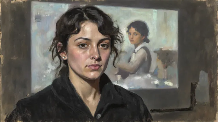 charcoal and pastel drawing, Background: projection screen showing still of Cassie on set, Character: Cassie (as above; Expressi...