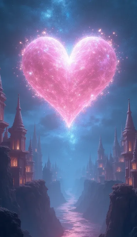 heaven、city、heart object、Diamonds、pink and blue light、Depict the fantastic