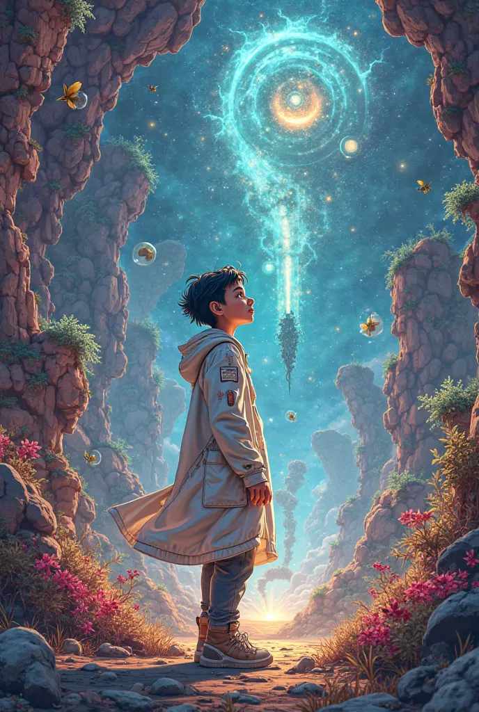 The image of a young scientist who travels across the multiverse to illustrate a horizontal comic