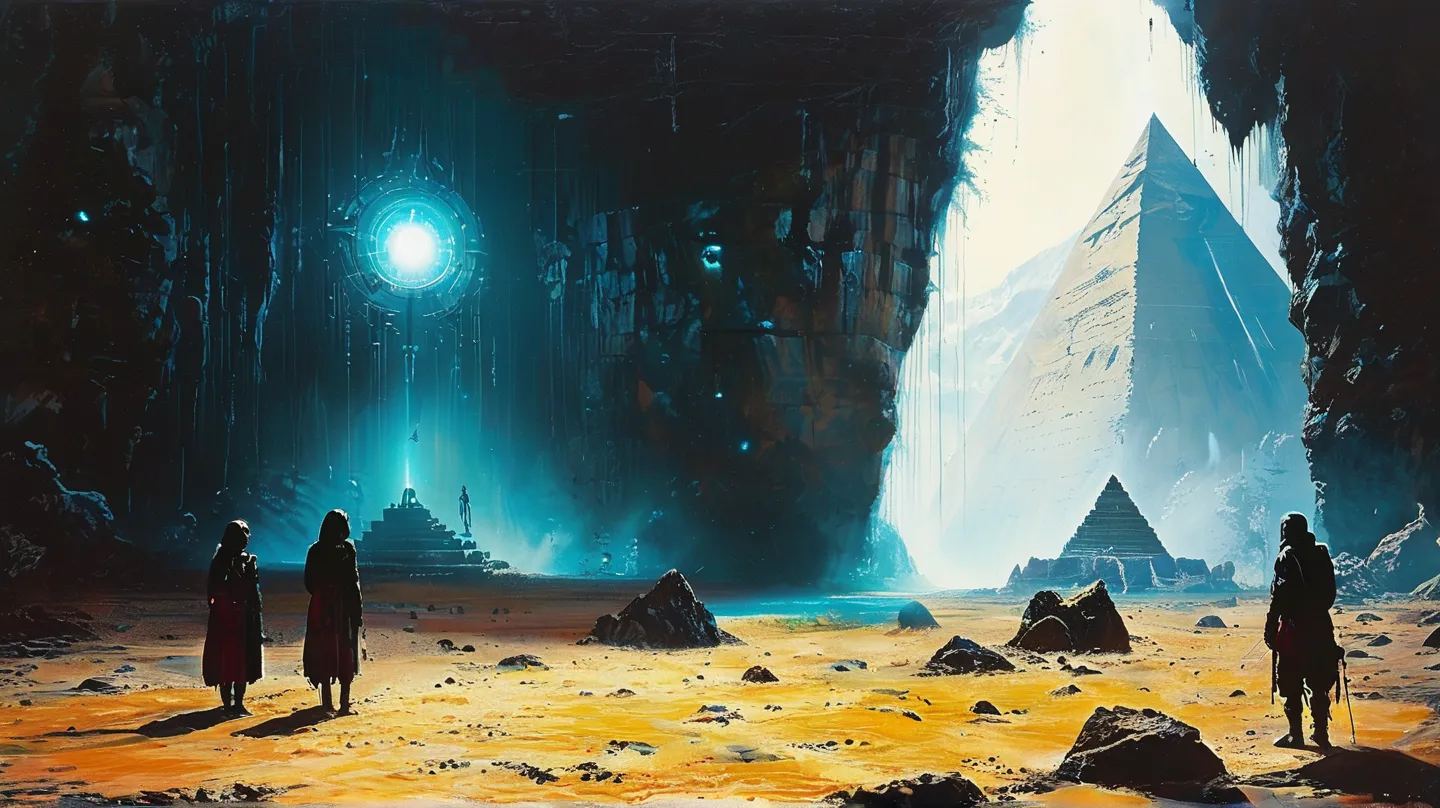 A colossal futuristic pyramid hidden deep inside a massive ancient cave, surrounded by dark, rugged stone walls, jagged rock for...