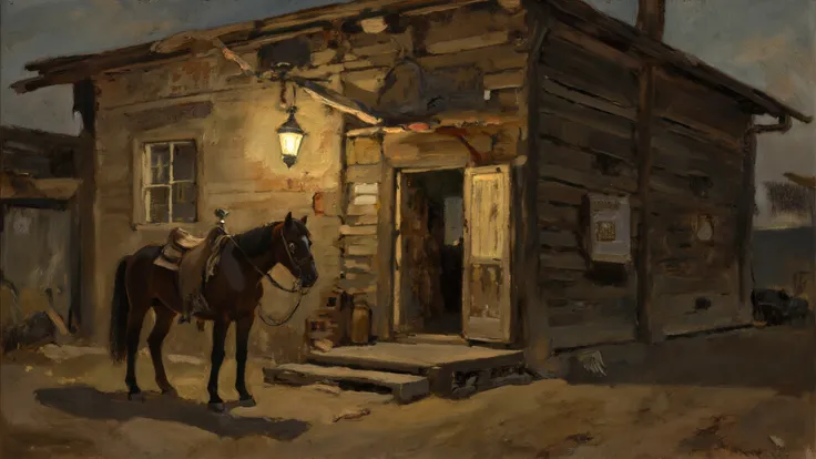 An exterior saloon scene at dusk, horse tied outside, lantern hanging crookedly, dust swirling in golden light — late‑15th‑centu...