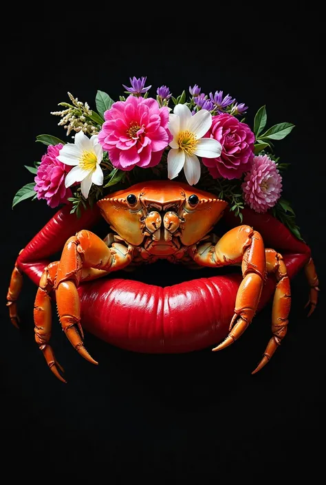 A large orange crab, adorned with a vibrant floral crown, is nestled within a wide, glossy, luminous red lip. The contrast betwe...