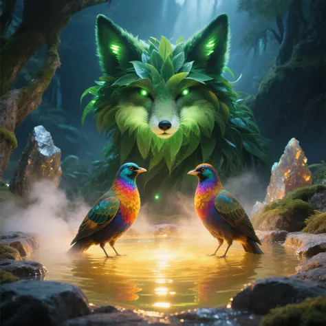 Two stunningly beautiful birds with vibrant, multicolored plumage perch in a glowing hot spring pool that radiates golden light....
