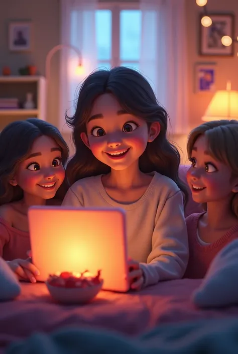 Can you make me an image where there is a protagonist in a video call with friends, smiling and looking cheerful