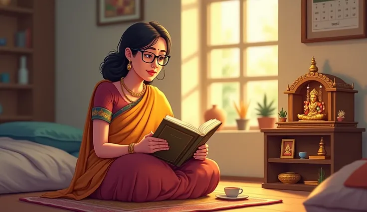 A peaceful indoor scene showing a traditional Indian neighborhood aunty, wearing a simple yet elegant saree (like maroon or must...