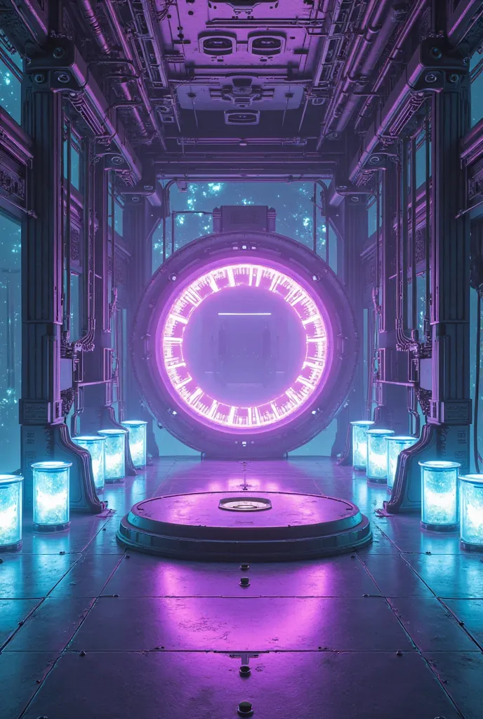 a dark laboratory with a circular space gate that emits purple light, in that room there is a platform in the middle of the room...