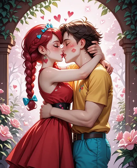 A cute girl with red hair and braided pigtails dressed in a short red dress is hugging a happy brown haired boy with a yellow sh...