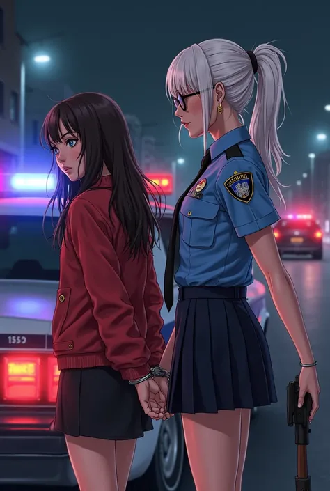 A semi-realistic urban night scene: a young female police officer with white hair tied in a ponytail, wearing dark glasses and t...