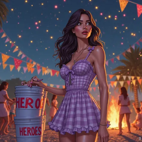 The character Hunter (Huntress, do universo DC),  strong and imposing woman , com beleza marcante, wearing a light lilac checker...