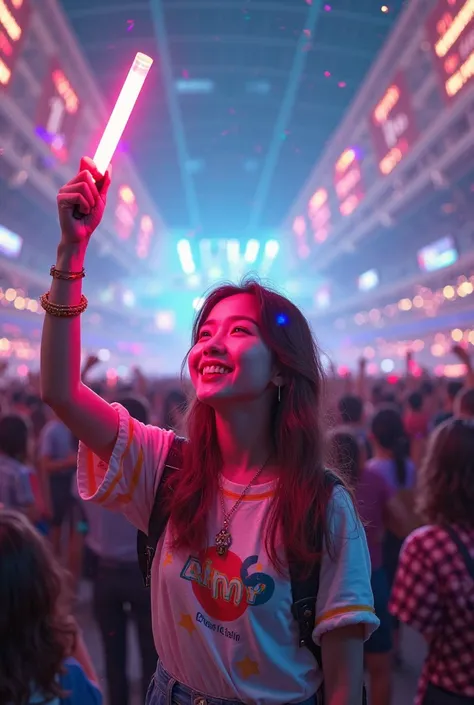 BTS fan girl holding an army light stick at the entrance of the concert stadium 