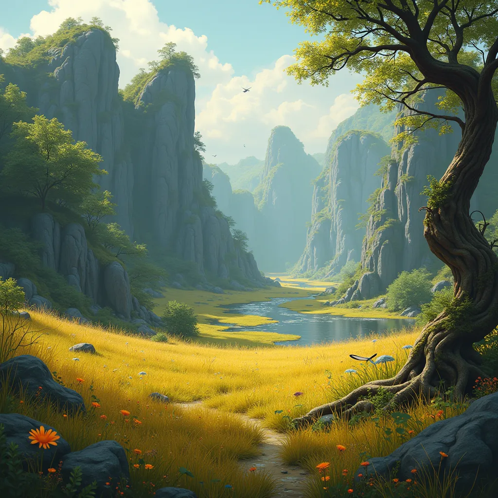 Fantastic digital illustration of a hybrid and dreamlike territory, where nature is intertwined in three distinct biomes: campin...