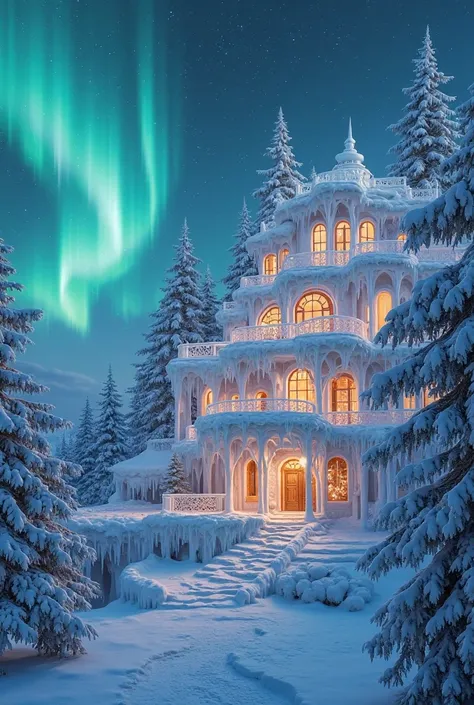 The Winter Palace: A penthouse that appears frozen in time, with icicle-like architecture, snow-covered terraces, and an aurora ...