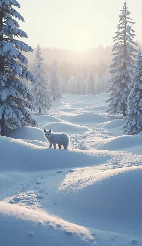 A peaceful snowy landscape with rolling hills covered in thick, untouched snow, gleaming in the pale winter sun. Frost-covered p...