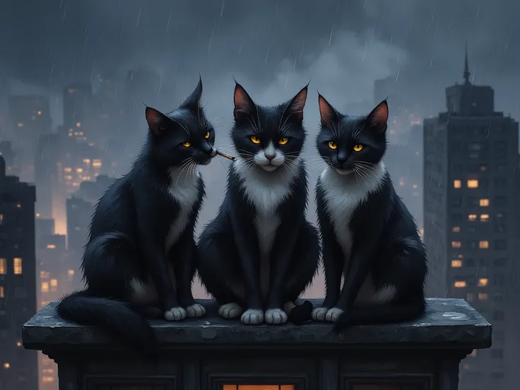 three cats smoking in the rain at night on top of a building