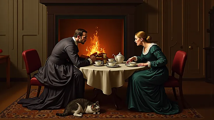 79. Depicting a 17th-century parlor where a couple argues beside a fire, their faces tense, while a cat sleeps undisturbed benea...