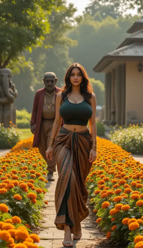 A fierce and graceful Indian mafia leader walking through a garden filled with marigolds and ancient stone statues. She wears a ...