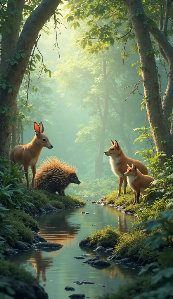 rabbit, deer, foxes, monkey go silent in a lush jungle to see porcupine