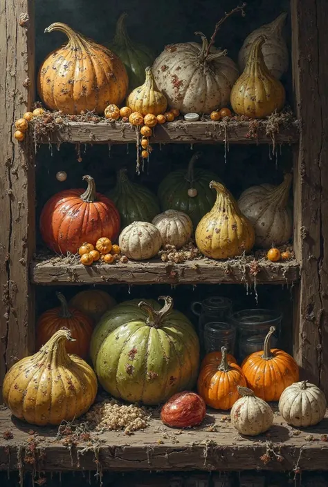 Spoiled vegetables and moldy cheese on a medieval shelf”