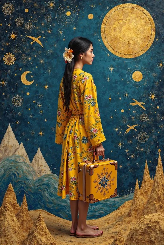 A Filipina woman in her mid-40s, youthful in posture, stands with her back turned in a surreal landscape. She wears a Klimt-styl...