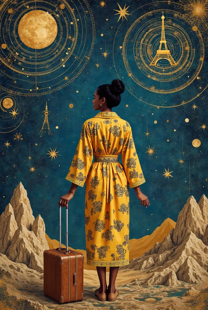 A Filipina woman in her mid-40s, youthful in posture, stands with her back turned in a surreal landscape. She wears a Klimt-styl...