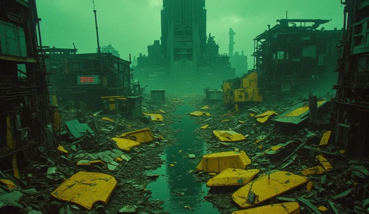 Dramatic, melancolic, atmospheric portrait featuring a futuristic post-apocalyptic rubble of a deserted an urban city. Filled wi...