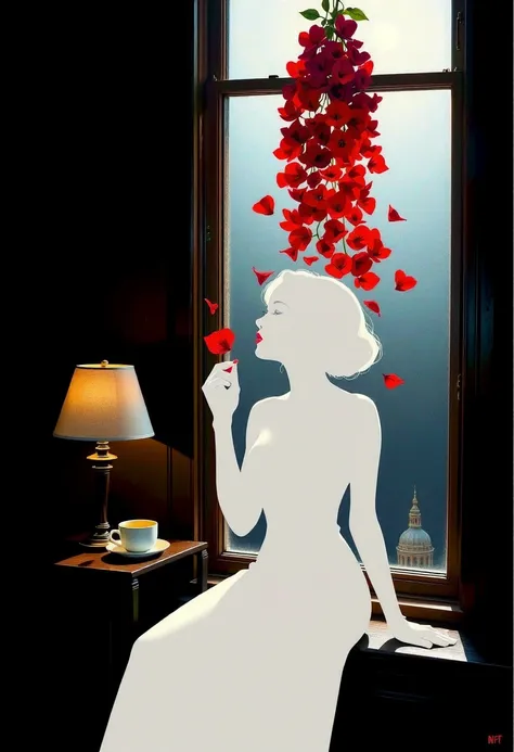 Silhouette painting, cinematic style, black background, white silhouette.
Silhouette art, stencil art: girl sitting by the windo...