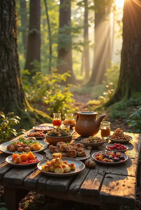 A beautifully set rustic wooden table deep in a magical forest, surrounded by tall trees and glowing sunlight, covered with a va...