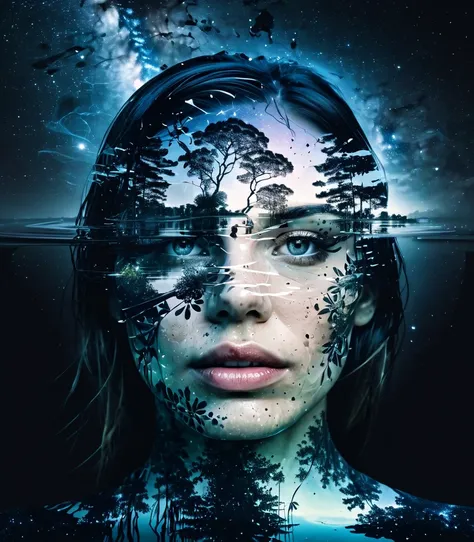 (Double exposure:1.3), effect of a women's face superimposed on a pond,  ultra detailed，Galaxy