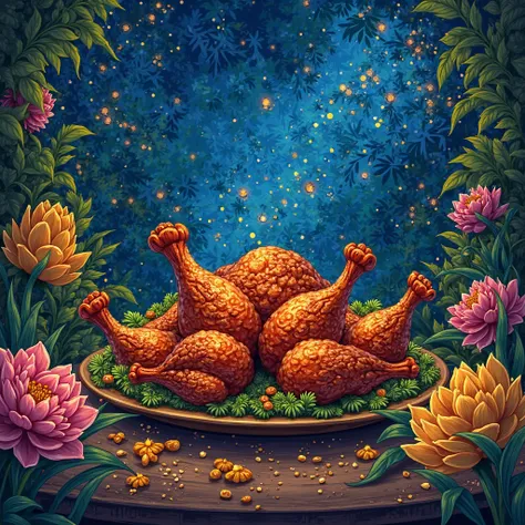Chicken tandoori in a botanical garden, on a night, surrounded by lot of sparkling lights. In the style of van gogh