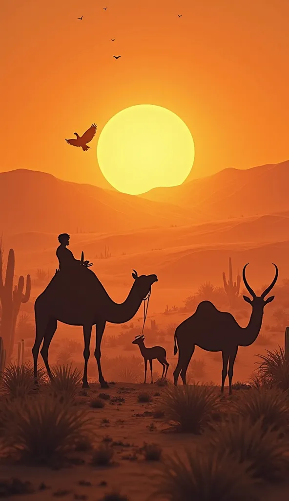 Create me an image of animals in a desert with a beautiful sunset