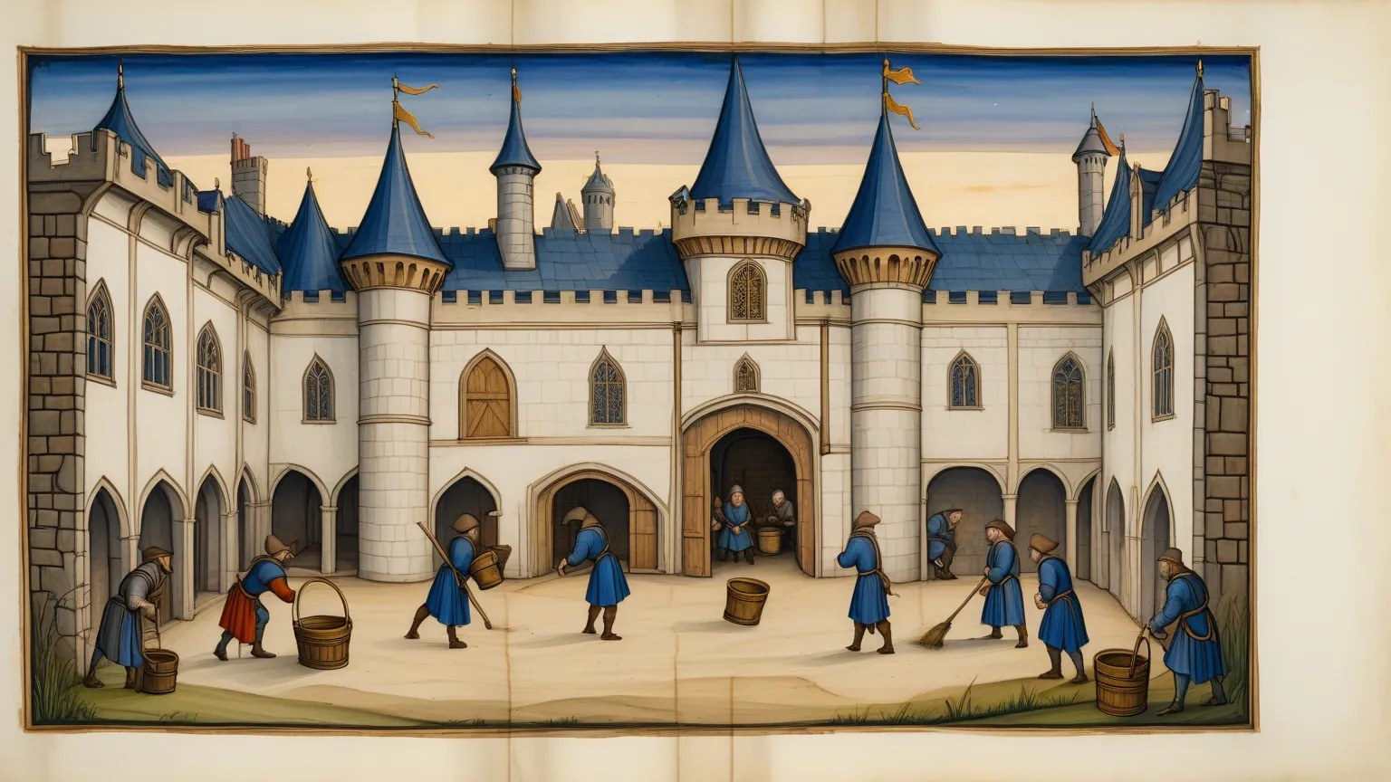 Prompt 6: "Servants squatting discreetly behind castle stables at dusk, one holding a wooden bucket while glancing around nervou...