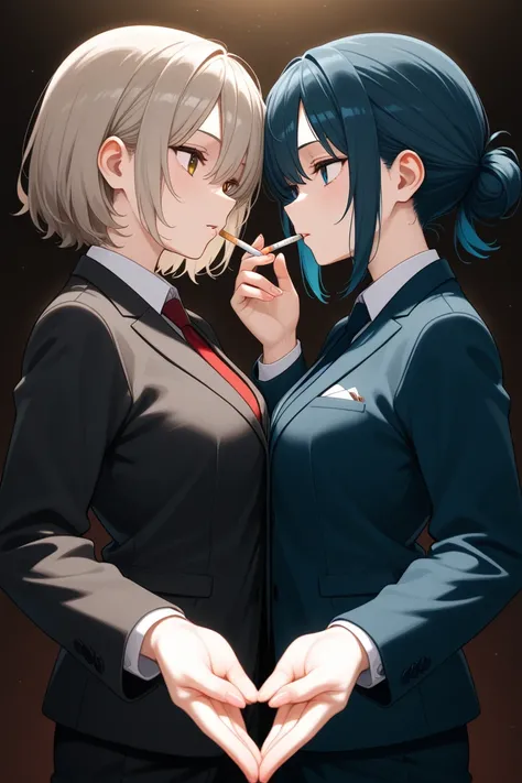 2girls,suit jacket,light a cigarette with a cigarette.cigarettes touching,