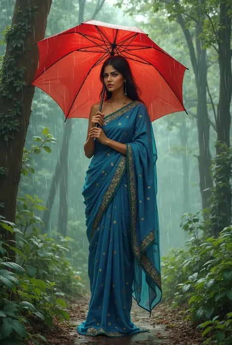 A Beautiful girl standing in the rain wearing blue color saree middle of the forest with red color umbrella 