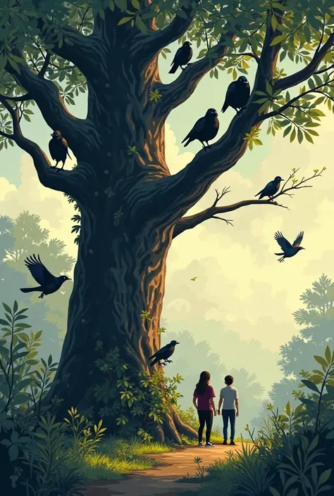 Give me a picture of a village where some residents are looking at pocong on a large tree.there are many pocong on top of the tr...