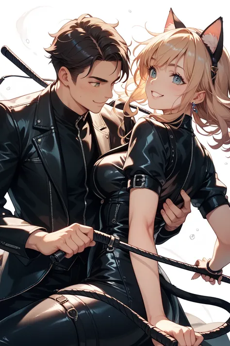 fat beauty、Cat ears、Queen、  S female、leather suit 、Beautiful woman swinging down a short horseback riding whip、Looking down、Pamp...