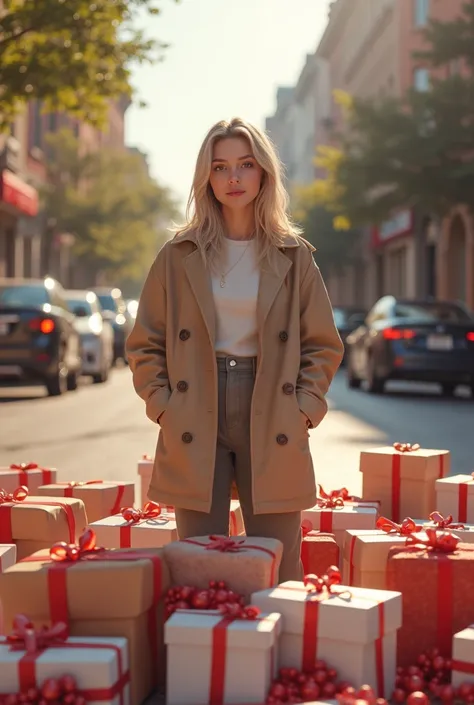 Give me a picture of a person standing on a beautiful street with two iPhone 16 boxes and many other gifts next to him and make ...