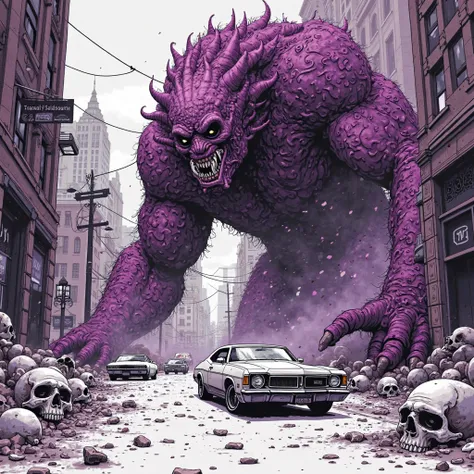 Create an illustration of a giant and bizarre monster attacking a city, detail in the American comic book style, in purples and ...