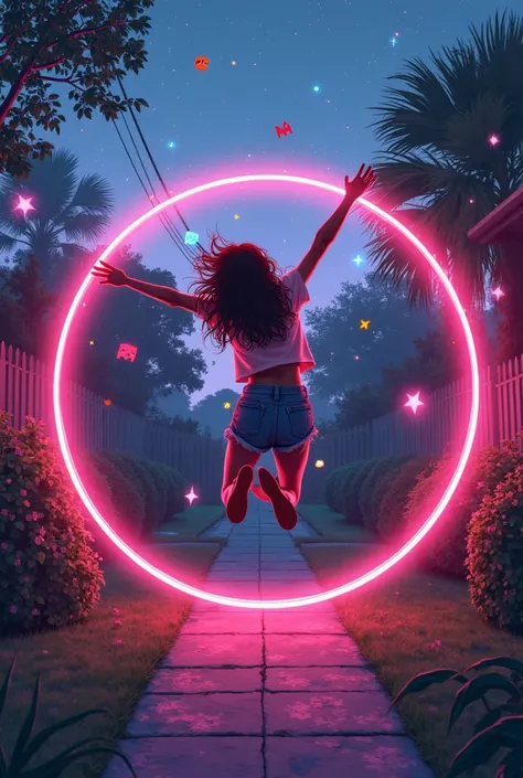 Illustrate a  jumping through a neon-lit hula hoop, but instead of just spinning, the hoop has become a shimmering portal to a 8...