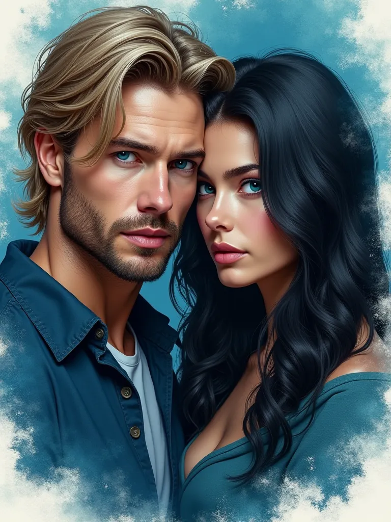Create the book cover of the bust of a man and a human woman with blurred faces with ink all around. High resolution, He has blo...